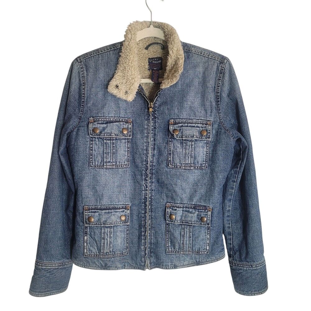 Lucky Brand Y2K Sherpa Lined Denim Jacket Women's Medium Blue Distressed Grunge